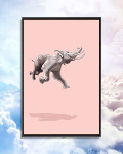 a joyous elephant leaping through the air on a pink background
