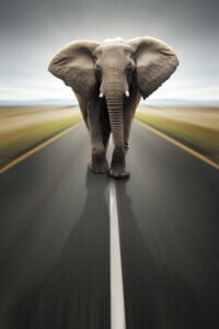 a large elephant walking towards you in the middle of a road