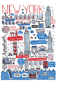 a print in red, blue, and white that shows various new york locations including the guggenheim, greenwich village, hells kitchen, ellis island, and times square