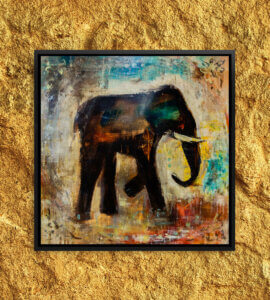 painting of an elephant with tusks that looks like a cave drawing