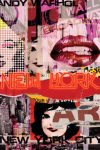 a collage of images including lips, jackie kennedy, and marilyn monroe as well as skylines, broadway and wall street signs, and the words "new york city" and "andy warhol"