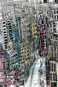 a drawing of buildings in new york that shows a very congested urban city life