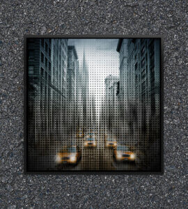 a print showing many cabs driving towards you down a new york street with square textures