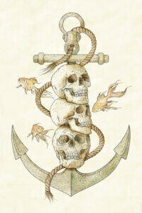 three skulls stacked on an anchor with fish swimming around them
