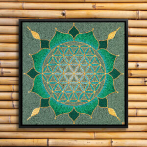 a green mandala flower featuring blue and gold