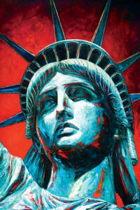 a close up portrait of the statue of liberty's face with a bold red background