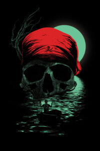 a large skull in the water wearing a red bandana with a person in a boat holding a map
