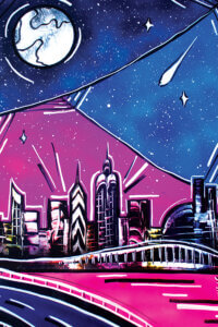 a drawing of new york in blue and pink that shows the moon and stars