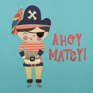 a kid dressed in pirate gear with a parrot on their hat that says "ahoy matey!"