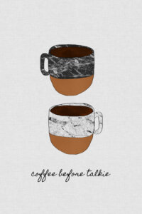two stacked mugs with marbled tops and brown bottoms with text reading "coffee before talkie"