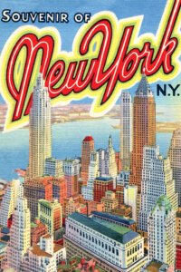 a souvenir postcard design showing a past new york skyline