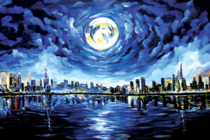 a painting that shows the new york skyline, its reflection in the water, and a full moon
