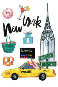 a print with the words "new york" that includes a martini, tiffany boxes, a subway sign, a street pretzel, a woman's pink heels sticking out of a cab window, and the crysler building