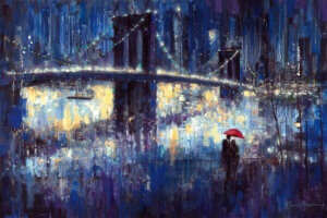 a couple standing under a red umbrella at night looking towards the brooklyn bridge and city skyline