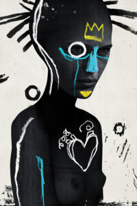 a woman shadowed in black with bright white, yellow, and blue markings painted on her