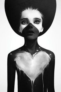 a girl shadowed in black with a gray heart painted on her chest
