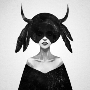 a woman whose face is mostly shadowed in black wearing a headpiece that has antlers and feathers