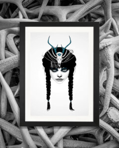 portrait of a girl wearing braids in her hair with an animal skull headpiece with blue antlers