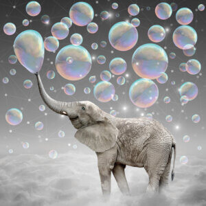 an elephant with blue eyes standing on a cloud blowing bubbles with its trunk