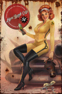 A woman with red hair in yellow jumpsuit and thigh-high boots holding a gas mask sitting on a broken car holding a bottle of atom bomb cola