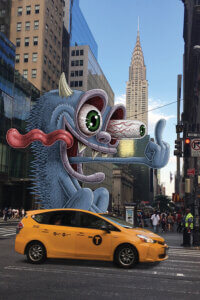 a giant monster giving the middle finger with its tongue out while driving a taxi cab in new york