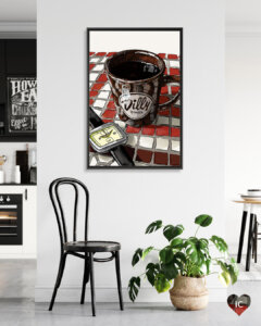 a brown "dilly diner" mug full of coffee with a watch next to it on a red and white tiled table