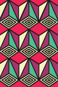 a geometric symmetrical pattern featuring purple, green, pink, yellow and black