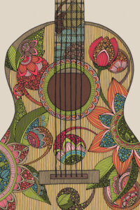 drawing of an acoustic guitar with detailed flowers and leaves