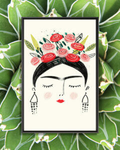 a minimalist portrait of Frida with red and pink flowers in her hair