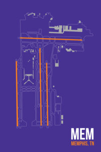 Minimalist line diagram of Memphis airport on a purple background with white and orange text