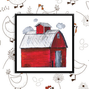 Illustration of a red barn with gray clouds and a gray door