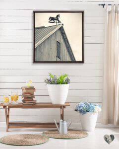 Sepia toned photo of the roof of a barn with horse-shaped weather vane on top