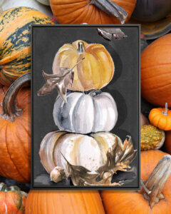 Three different colored pumpkins with brown autumn leaves and an acorn on a black background