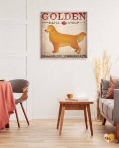 Sign featuring golden retriever as a logo for maple syrup made in Vermont
