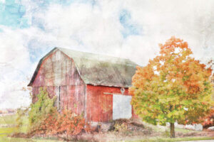 Red barn on a field with yellow and green tree next to it