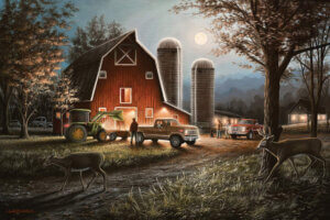 Painting of a red barn on a farm at night with men in pickup trucks and deer walking in yard