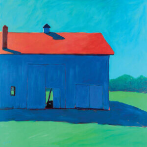 Minimalist painting of blue barn with red roof on green grass under a blue sky