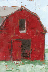 Textured painting of large red barn with door open on green grass