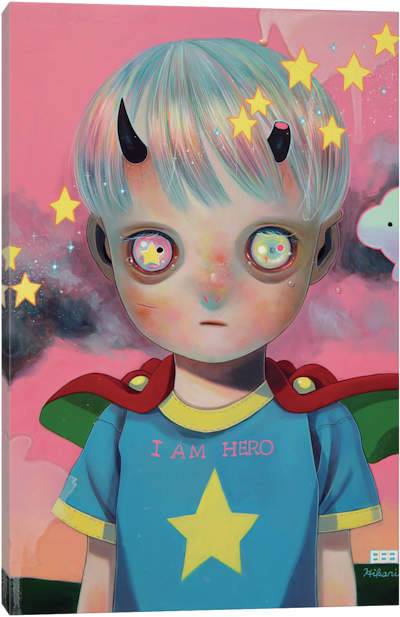 Creepy kid with horns wearing a cape and t-shirt surrounded by stars on a pink background