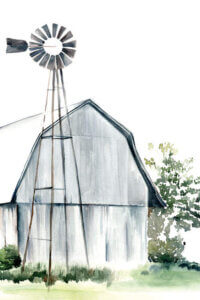 Watercolor painting of gray barn on green grass with a tall weather vane in front