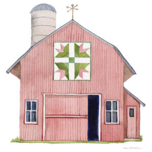 Illustration of a pink barn with green and pink barn quilt on front