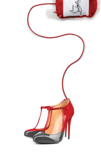 Graphic of a pair of red and black Louboutin heels with a blood bag attached to it that&#039;s labeled Christian Louboutin