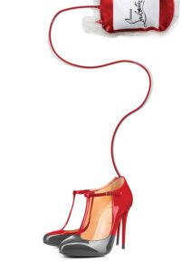 Graphic of a pair of red and black Louboutin heels with a blood bag attached to it that's labeled Christian Louboutin