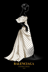 Illustration of a woman wearing a white polka dot Balenciaga gown on a black background