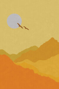 Graphic of yellow-toned mountain landscape with two birds flying in front of the sun