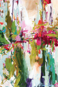 Abstract image with pink, red, green, blue, gray, and beige used throughout