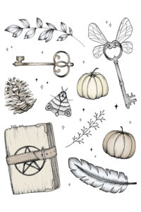 Illustrations of magic items such as a spell book, feather, pumpkin, moth, pine cone, and flying key