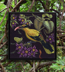 Image of yellow and black bird with a human finger in its beak surrounded by green leaves and purple flowers