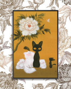 Two black cats and four white cats sitting together under a white peony on a gold background