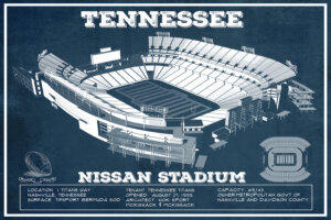 Blueprint of Nissan Stadium in Tennessee with white text and facts listed on the bottom